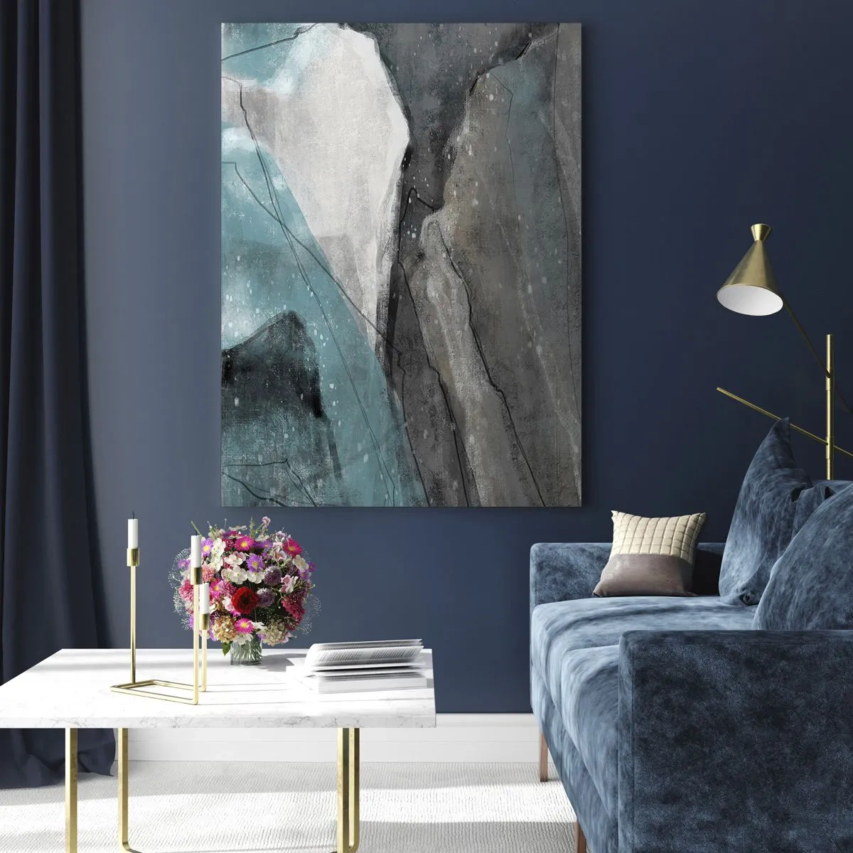 Glasbild - Bild auf glas - Abstrakte Komposition in Grau- und Blautönen - 80x120cm - Abstraktion: Felsen und Eis - Moderne Wanddekoration für Wohnzimmer und Schlafzimmer ARTTOR