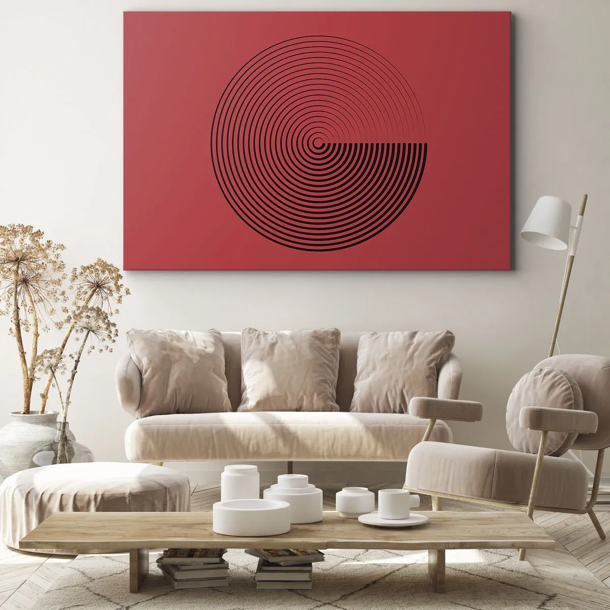 Bild auf Leinwand - Leinwandbild - Konzentrische Kreise auf rotem Hintergrund - 70x50cm - Kreisbewegung - Moderne Wanddekoration für Wohnzimmer und Schlafzimmer ARTTOR