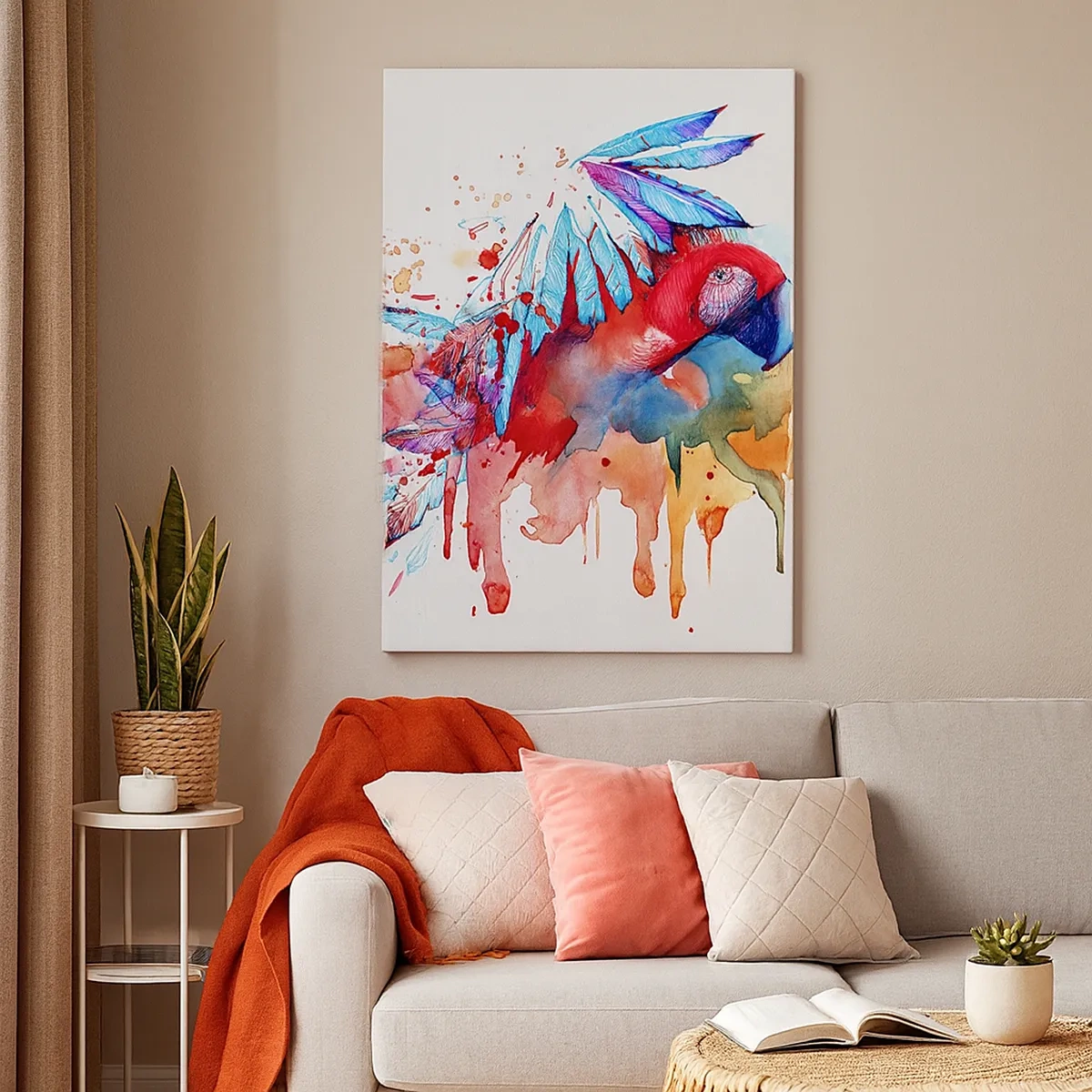 Bild auf Leinwand - Leinwandbild - Ein Papagei im künstlerischen Aquarellstil - 50x70cm - Bunte Papageien - Moderne Wanddekoration für Wohnzimmer und Schlafzimmer ARTTOR