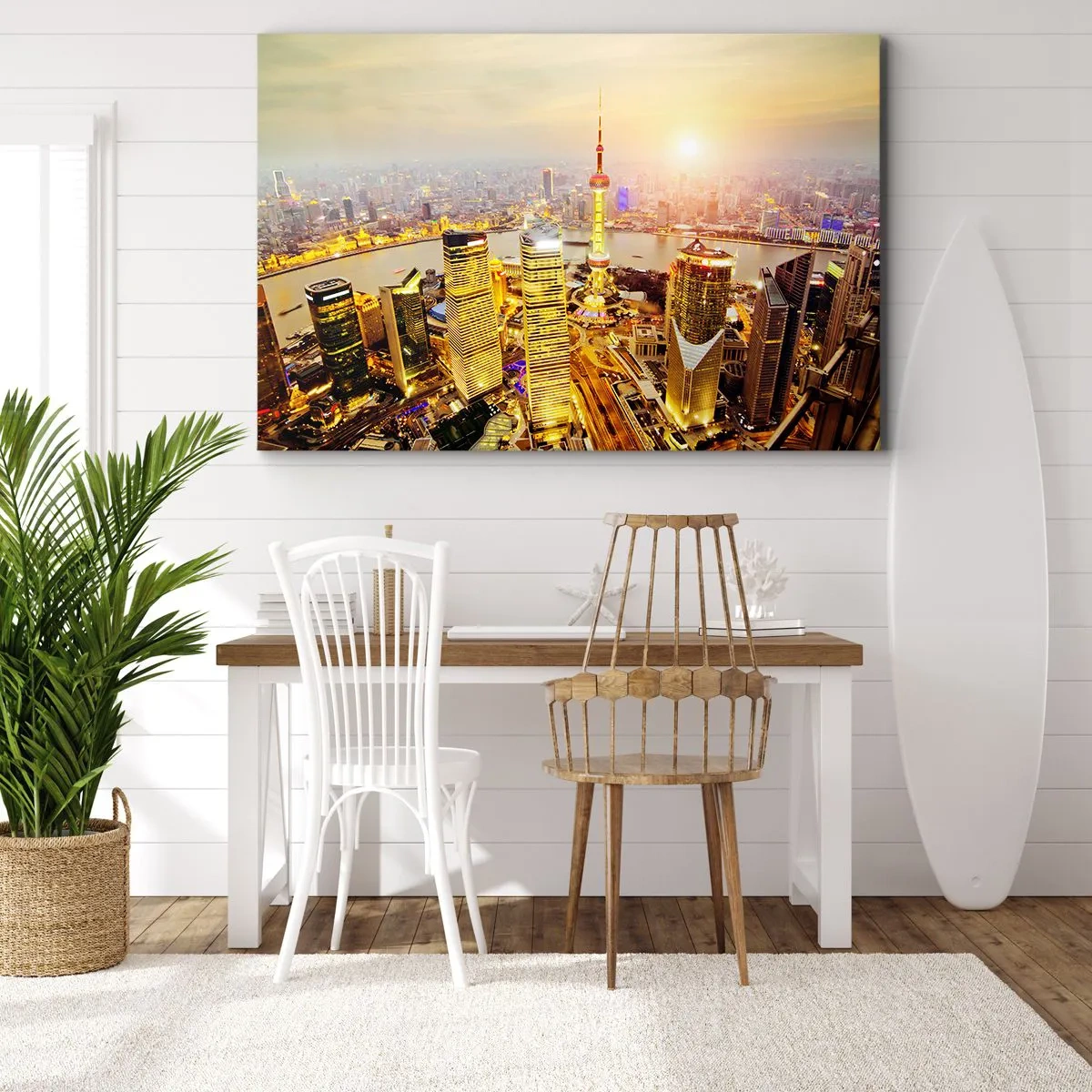 Bild auf Leinwand - Leinwandbild - Stadtpanorama mit Wolkenkratzern bei Sonnenuntergang - 70x50cm - Asiatischer Traum - Moderne Wanddekoration für Wohnzimmer und Schlafzimmer ARTTOR