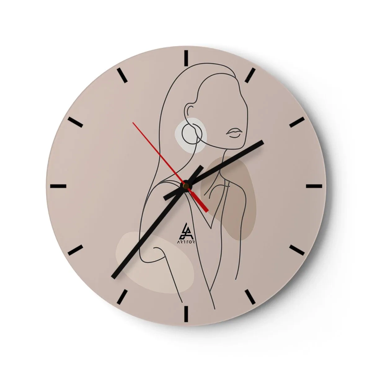 Wanduhr - Glasuhr - Eine minimalistische Linie einer weiblichen Silhouette auf beigem Hintergrund - 30x30cm - Mädchenhafte Ikone - Moderne Wanddekoration für Wohnzimmer, Küche und Schlafzimmer ARTTOR