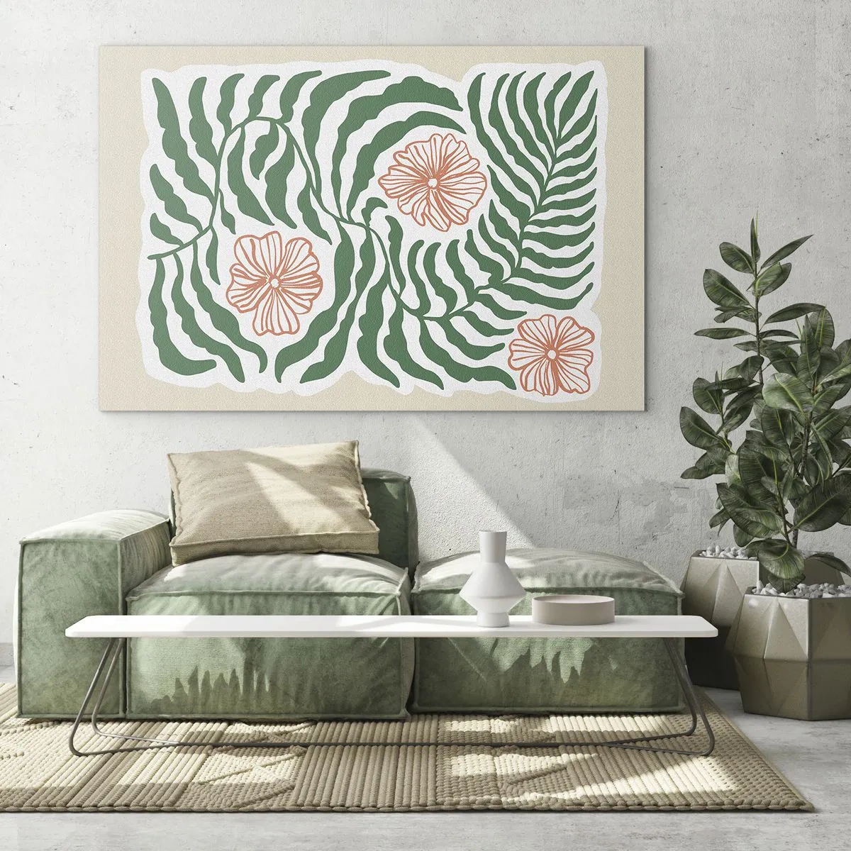 Glasbild - Bild auf glas - Grüne Blätter und rote Blüten in grafischer Anordnung - 70x50cm - Aufgeblüht in Grün - Moderne Wanddekoration für Wohnzimmer und Schlafzimmer ARTTOR