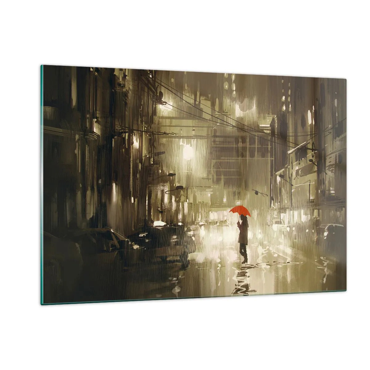 Glasbild - Bild auf glas - Person mit rotem Regenschirm im regnerischen Stadtlicht bei Nacht - 120x80cm - Allein aber nicht einsam - Moderne Wanddekoration für Wohnzimmer und Schlafzimmer ARTTOR