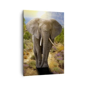 Bild auf Leinwand - Leinwandbild - Ein afrikanischer Elefant vor einer Savannen- und Berglandschaft - 70x100cm - So sah Eden aus - Moderne Wanddekoration für Wohnzimmer und Schlafzimmer ARTTOR