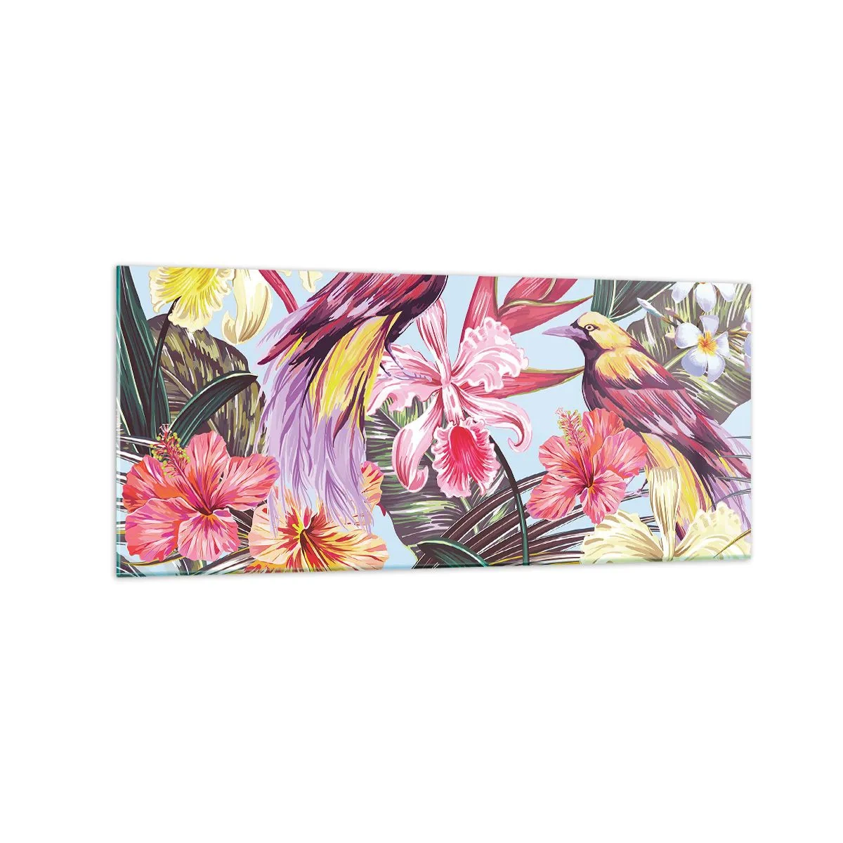Glasbild - Bild auf glas - Exotische Vögel zwischen tropischen Blumen - 120x50cm - Blütenblätter und Federn - Moderne Wanddekoration für Wohnzimmer und Schlafzimmer ARTTOR