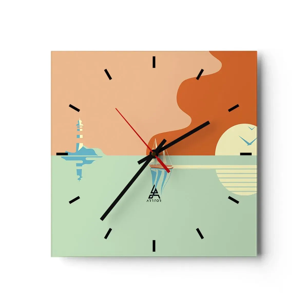 Wanduhr - Glasuhr - Eine minimalistische Meereslandschaft mit einem Segelboot und einem Sonnenuntergang - 30x30cm - Die perfekte Meereslandschaft - Moderne Wanddekoration für Wohnzimmer und Schlafzimmer ARTTOR