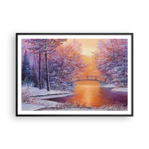 Poster in einem schwarzem Rahmen - Winterlandschaft mit Brücke und Sonnenuntergang - 100x70cm - Treffen wir uns hier - Moderne Wanddekoration für Wohnzimmer und Schlafzimmer ARTTOR