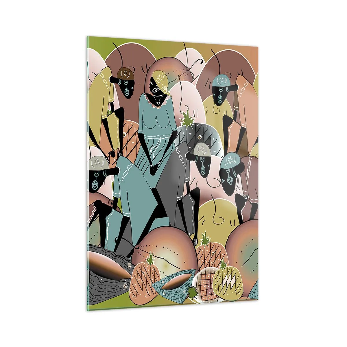 Glasbild - Bild auf glas - Eine abstrakte Illustration von Figuren in Beige-, Grün- und Rosatönen. - 50x70cm - Ein toller Urlaub steht bevor - Moderne Wanddekoration für Wohnzimmer und Schlafzimmer ARTTOR