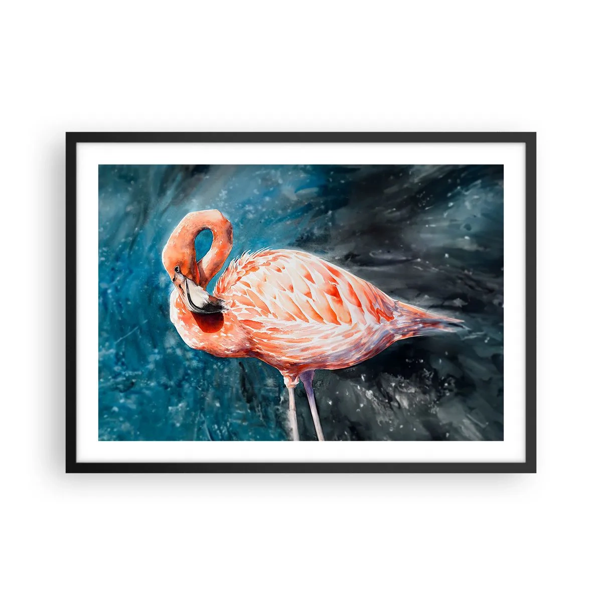 Poster in einem schwarzem Rahmen - Ein rosa Flamingo auf einem aquarellblauen Hintergrund - 70x50cm - Von Natur aus dekorativ - Moderne Wanddekoration für Wohnzimmer und Schlafzimmer ARTTOR