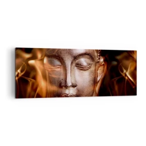 Bild auf Leinwand - Leinwandbild - Eine Buddha-Statue inmitten von Flammen in goldenen Farbtönen - 140x50cm - Es existiert nur hier und jetzt - Moderne Wanddekoration für Wohnzimmer und Schlafzimmer ARTTOR