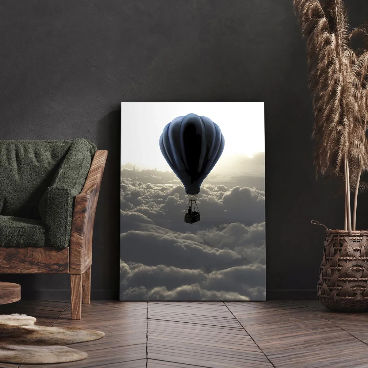 Bild auf Leinwand - Leinwandbild - Ein Heißluftballon vor einem Himmel mit Wolken bei Sonnenuntergang - 50x70cm - Ein Wanderer über den Wolken - Moderne Wanddekoration für Wohnzimmer und Schlafzimmer ARTTOR