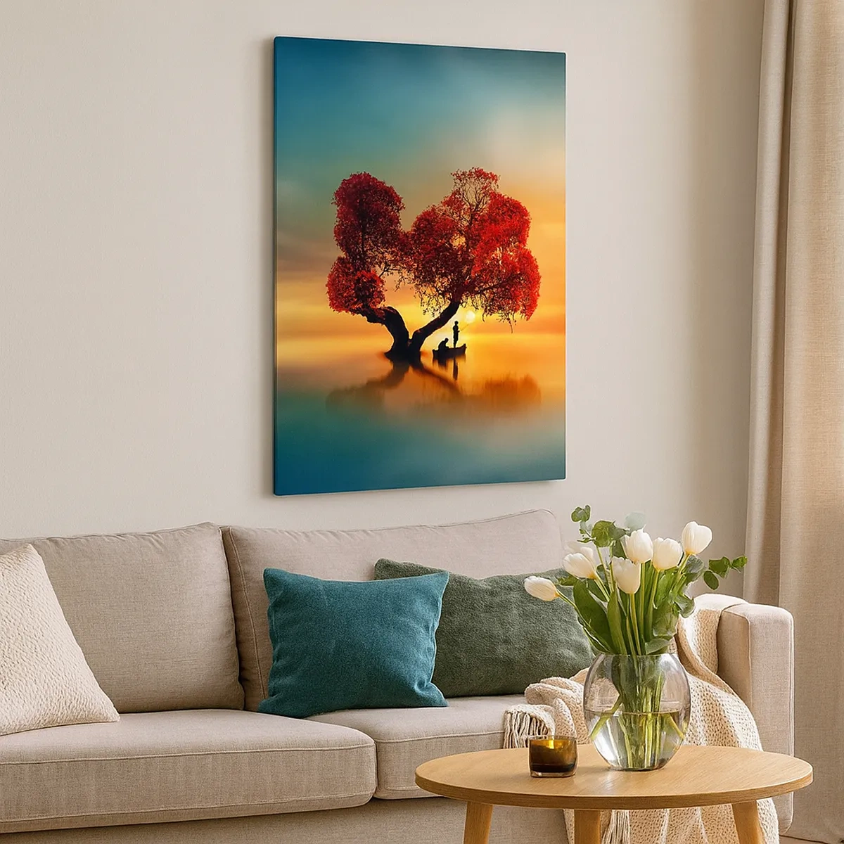 Bild auf Leinwand - Leinwandbild - Ein rotblättriger Baum und ein Boot auf dem Wasser bei Sonnenuntergang - 50x70cm - Oddaysons und die Stille der Weltlosen - Moderne Wanddekoration für Wohnzimmer und Schlafzimmer ARTTOR