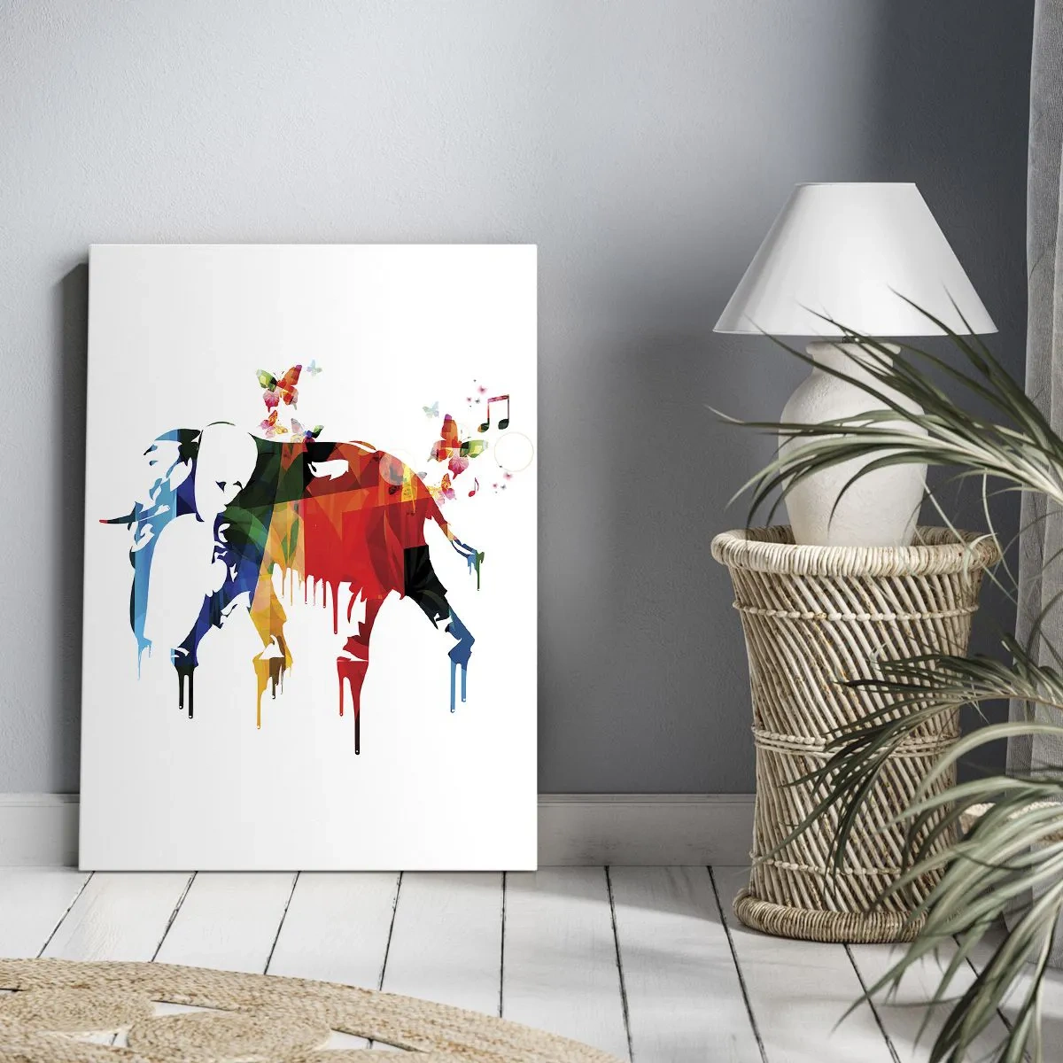 Bild auf Leinwand - Leinwandbild - Bunter Elefant mit Schmetterlingen im modernen geometrischen Stil - 50x70cm - Jeder kann tanzen - Moderne Wanddekoration für Wohnzimmer und Schlafzimmer ARTTOR