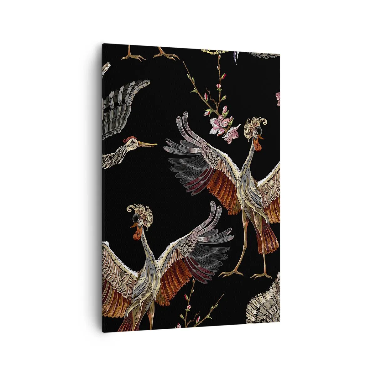 Bild auf Leinwand - Leinwandbild - Stilvolle Kraniche und Blumen auf schwarzem Hintergrund - 70x100cm - Märchenvogel - Moderne Wanddekoration für Wohnzimmer und Schlafzimmer ARTTOR