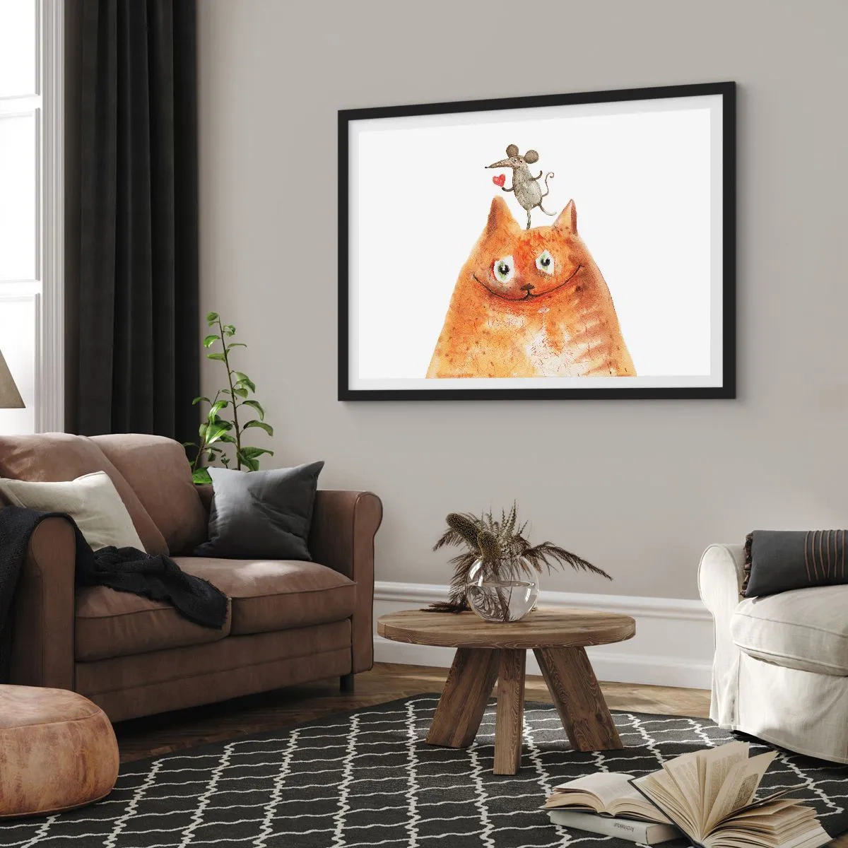 Poster in einem schwarzem Rahmen - Eine Zeichnung einer Katze mit einer Maus auf dem Kopf, die ein Herz hält - 100x70cm - Paradoxien der Liebe - Moderne Wanddekoration für Wohnzimmer und Schlafzimmer ARTTOR