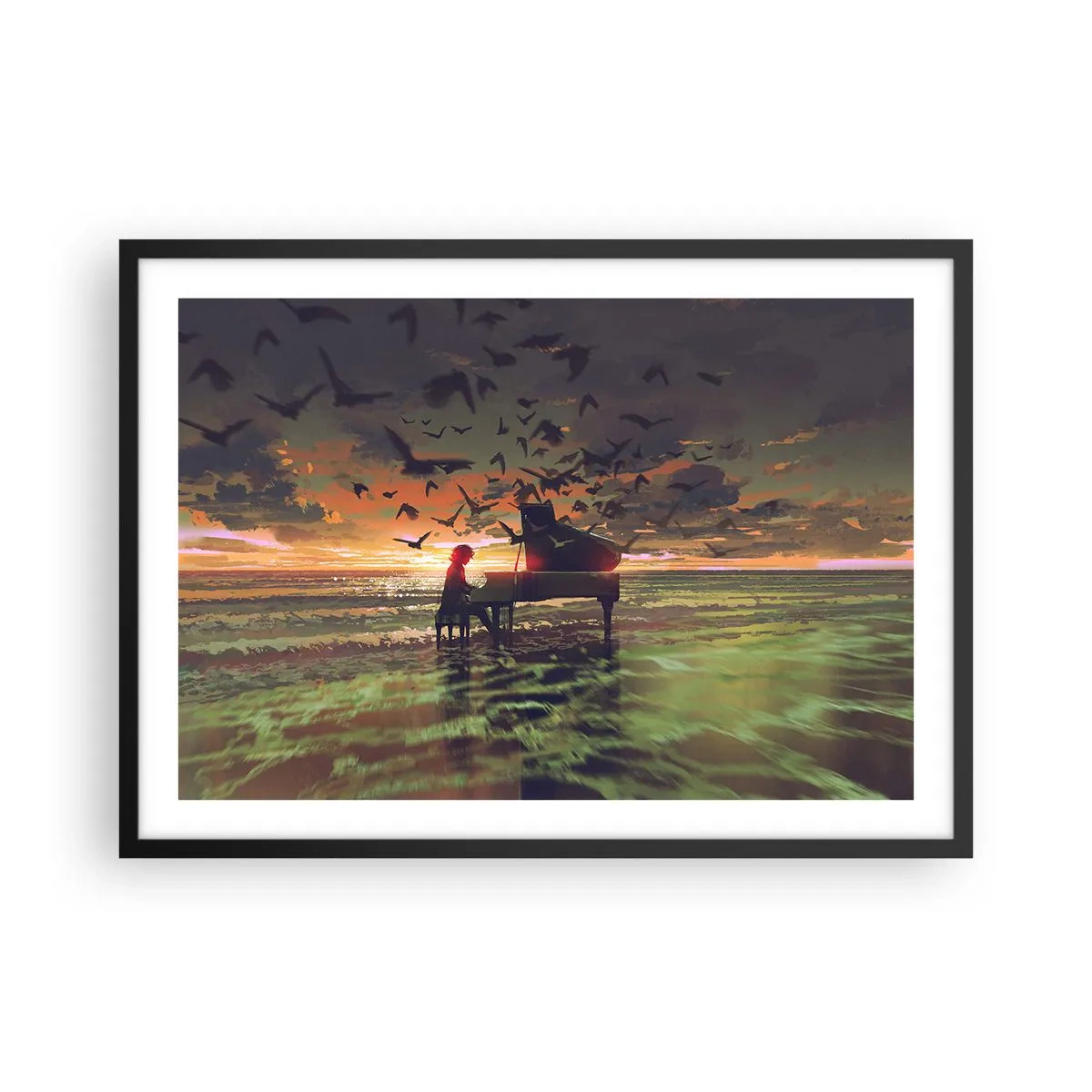 Poster in einem schwarzem Rahmen - Ein Klavier am Meeresufer bei Sonnenuntergang mit Vögeln - 70x50cm - Konzert für Klavier und Wellen - Moderne Wanddekoration für Wohnzimmer und Schlafzimmer ARTTOR