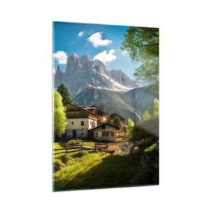 Glasbild - Bild auf glas - Ländliche Entwicklung im Grünen am Fuße der Alpengipfel - 50x70cm - Alpenidylle - Moderne Wanddekoration für Wohnzimmer und Schlafzimmer ARTTOR