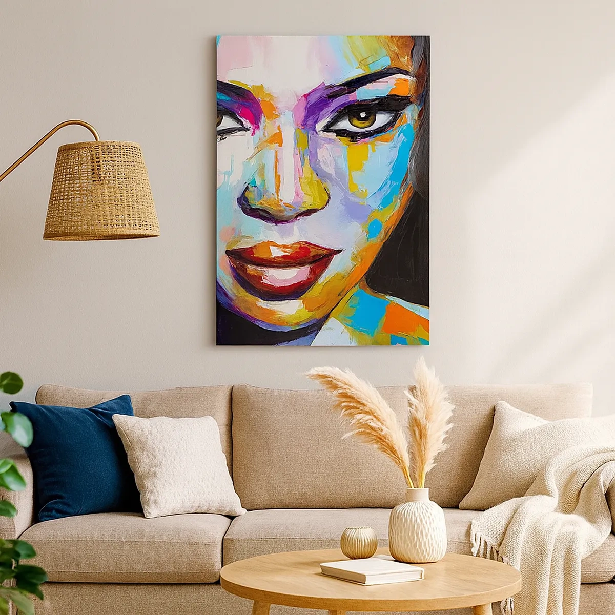 Bild auf Leinwand - Leinwandbild - Ein farbenfrohes Porträt einer Frau mit intensivem Blick - 50x70cm - Es ist unmöglich die Augen abzuwenden - Moderne Wanddekoration für Wohnzimmer und Schlafzimmer ARTTOR