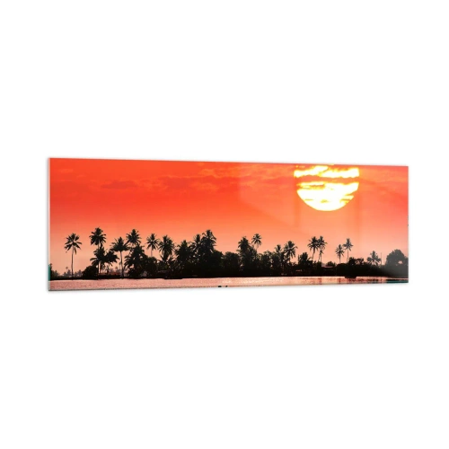 Glasbild - Bild auf glas - Tropischer Sonnenuntergang mit einem Boot und Palmen im Hintergrund - 160x50cm - Die Ruhe der Tropen bei Sonnenuntergang - Moderne Wanddekoration für Wohnzimmer und Schlafzimmer ARTTOR