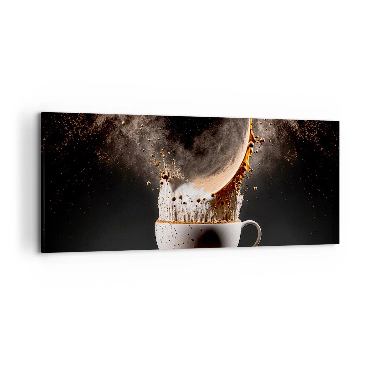 Bild auf Leinwand - Leinwandbild - Eine Tasse Kaffee mit einer dynamischen Flüssigkeitsexplosion auf schwarzem Hintergrund. - 120x50cm - Geschmacksexplosion - Moderne Wanddekoration für Wohnzimmer und Schlafzimmer ARTTOR