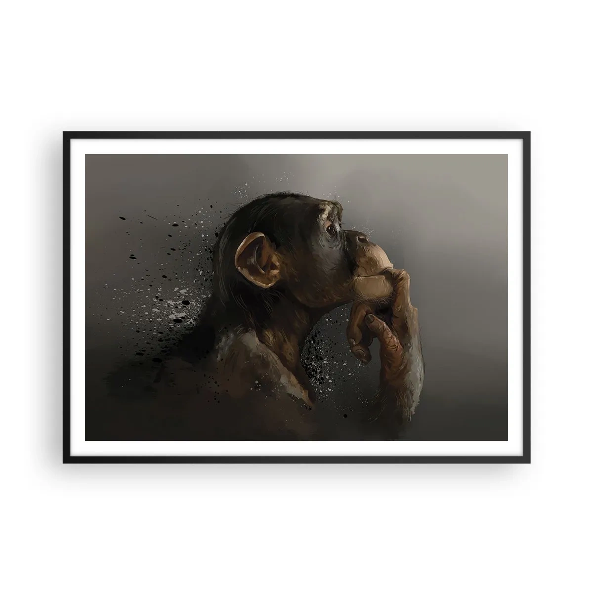 Poster in einem schwarzem Rahmen - Porträt eines Affen in nachdenklicher Pose vor grauem Hintergrund - 100x70cm - Sicherlich ein Denker - Moderne Wanddekoration für Wohnzimmer und Schlafzimmer ARTTOR