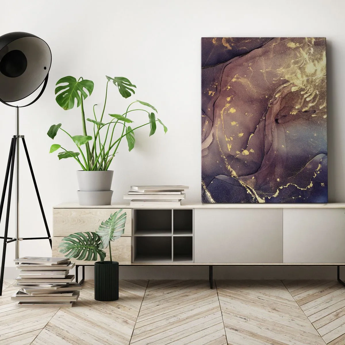 Bild auf Leinwand - Leinwandbild - Abstrakte Komposition mit Gold- und Lilatönen - 50x70cm - Materie und Geist - Moderne Wanddekoration für Wohnzimmer und Schlafzimmer ARTTOR
