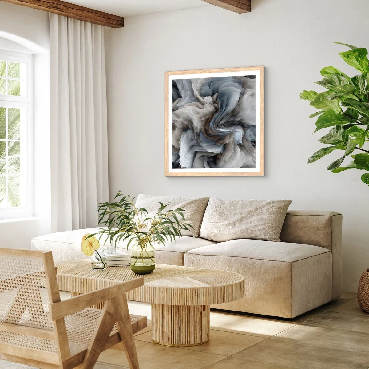 Poster in einem Rahmen aus heller Eiche - Stein und Blume - 40x40 cm