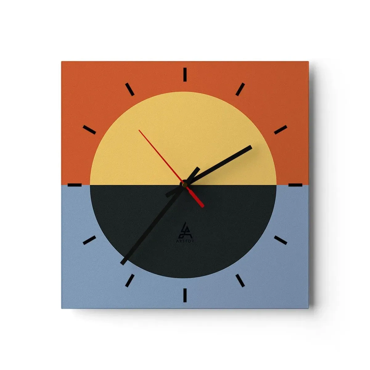 Wanduhr - Glasuhr - Geometrische Abstraktion mit kontrastierenden Farben - 30x30cm - Eine Komposition aus Wärme und Kühle - Moderne Wanddekoration für Wohnzimmer und Schlafzimmer ARTTOR