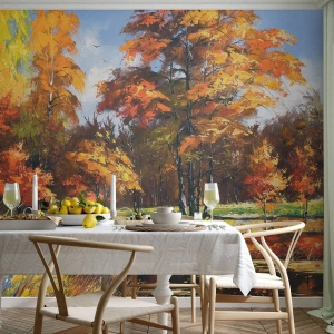 Fototapete Premium Canvas - Herbstlandschaft mit bunten Bäumen und einem Teich - 100x70cm - Landschaft in Gold und Bronze - Moderne Wanddekoration für Wohnzimmer und Schlafzimmer ARTTOR