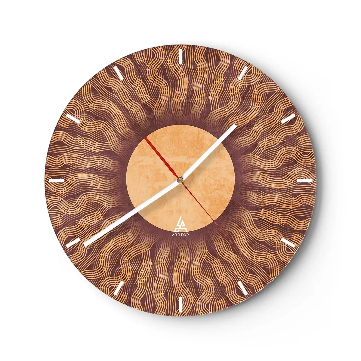 Wanduhr - Glasuhr - Sonnenuhr mit strahlendem Muster in warmen Farben - 30x30cm - Sonnensymbol - Moderne Wanddekoration für Wohnzimmer, Küche und Schlafzimmer ARTTOR