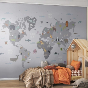 Fototapete Premium Sand - Illustrierte Weltkarte mit charakteristischen Tieren - 100x70cm - Sag mir wo du herkommst ... - Moderne Wanddekoration für Wohnzimmer und Schlafzimmer ARTTOR