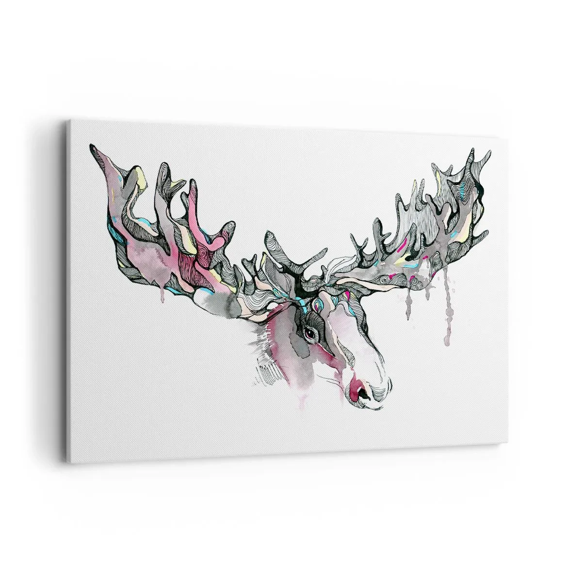 Bild auf Leinwand - Leinwandbild - Künstlerisches Aquarell eines Elches mit üppigem Geweih - 120x80cm - Krone des Waldkönigs - Moderne Wanddekoration für Wohnzimmer und Schlafzimmer ARTTOR