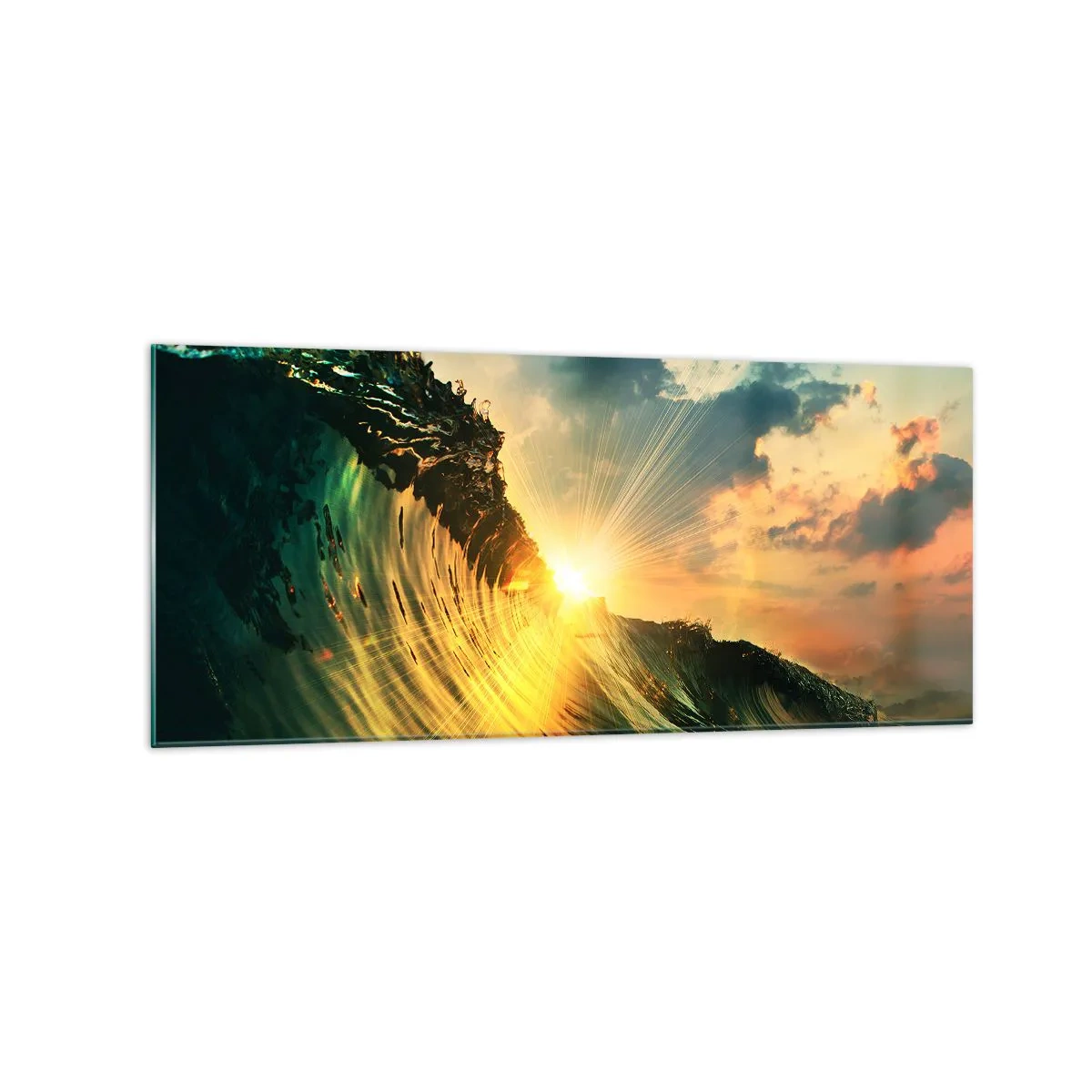 Glasbild - Bild auf glas - Eine Welle mit untergehender Sonne und beleuchteten Wolken - 120x50cm - Surfer, wo bist du? - Moderne Wanddekoration für Wohnzimmer und Schlafzimmer ARTTOR