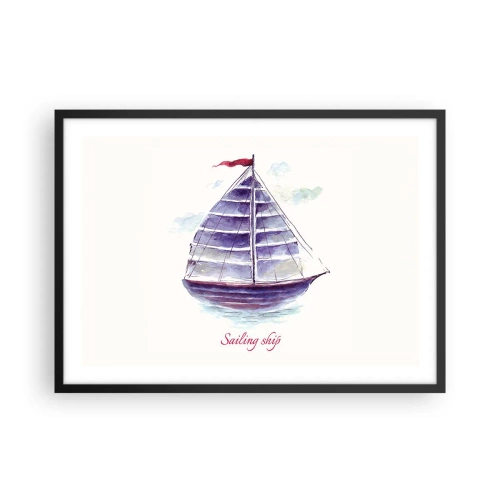 Poster in einem schwarzem Rahmen - Ein Aquarell eines Segelboots auf dem Wasser mit einer zarten Inschrift - 70x50cm - Volle Segel und ruhiges Wasser - Moderne Wanddekoration für Wohnzimmer und Schlafzimmer ARTTOR