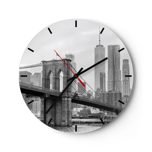 Wanduhr - Glasuhr - Brooklyn Bridge vor der Skyline der Stadt in Schwarzweiß - 30x30cm - New Yorker Atmosphäre - Moderne Wanddekoration für Wohnzimmer, Küche und Schlafzimmer ARTTOR