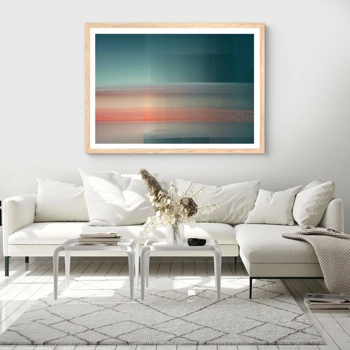 Poster in einem Rahmen aus heller Eiche - Abstraktion: Lichtwellen - 70x50 cm