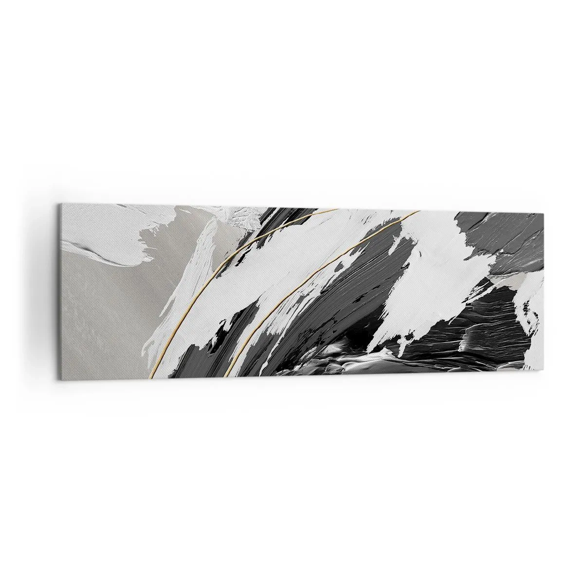 Bild auf Leinwand - Leinwandbild - Schwarze und weiße Pinselstriche mit einem subtilen goldenen Akzent - 160x50cm - Abstraktion in großem Stil - Moderne Wanddekoration für Wohnzimmer und Schlafzimmer ARTTOR