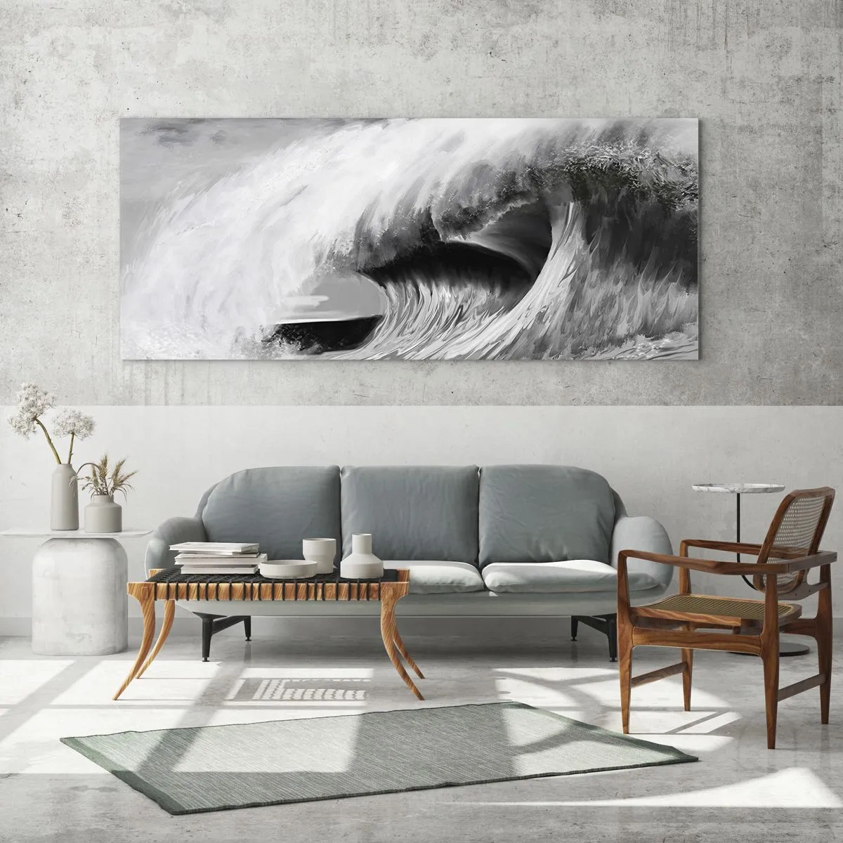 Glasbild - Bild auf glas - Dramatische Meereswelle in Monochrom - 160x50cm - Wut des Ozeans - Moderne Wanddekoration für Wohnzimmer und Schlafzimmer ARTTOR