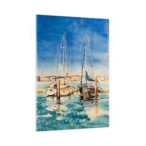 Glasbild - Bild auf glas - Aquarell-Jachthafen mit Leuchtturm und festgemachten Yachten - 50x70cm - Sonnige Lagune - Moderne Wanddekoration für Wohnzimmer und Schlafzimmer ARTTOR