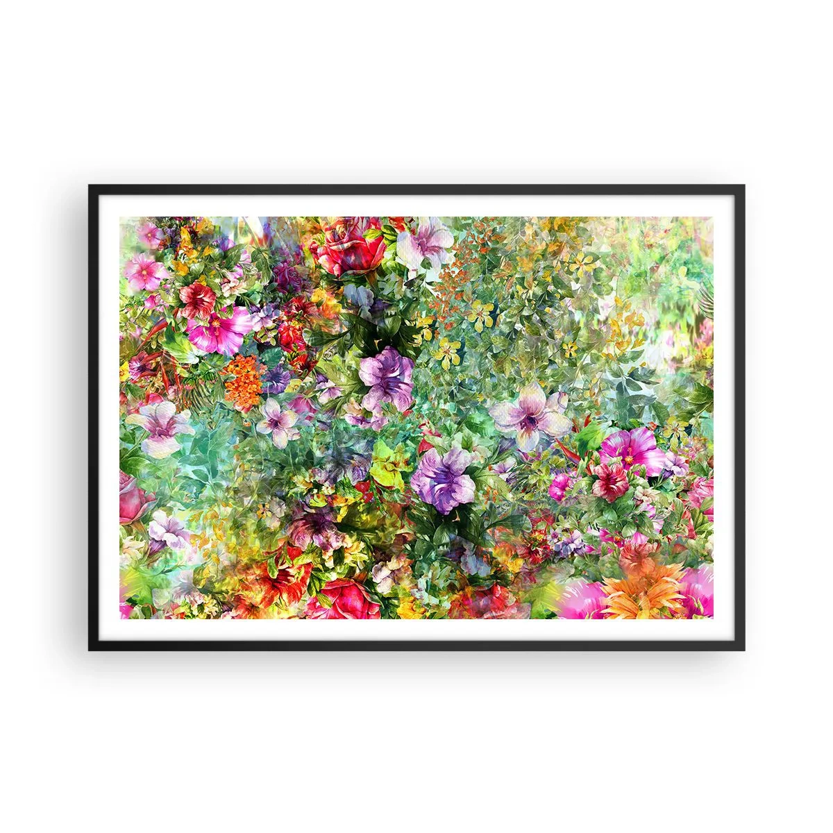 Poster in einem schwarzem Rahmen - Ein buntes Blumenarrangement auf grünem Hintergrund - 100x70cm - In Blumen für das Verderben - Moderne Wanddekoration für Wohnzimmer und Schlafzimmer ARTTOR