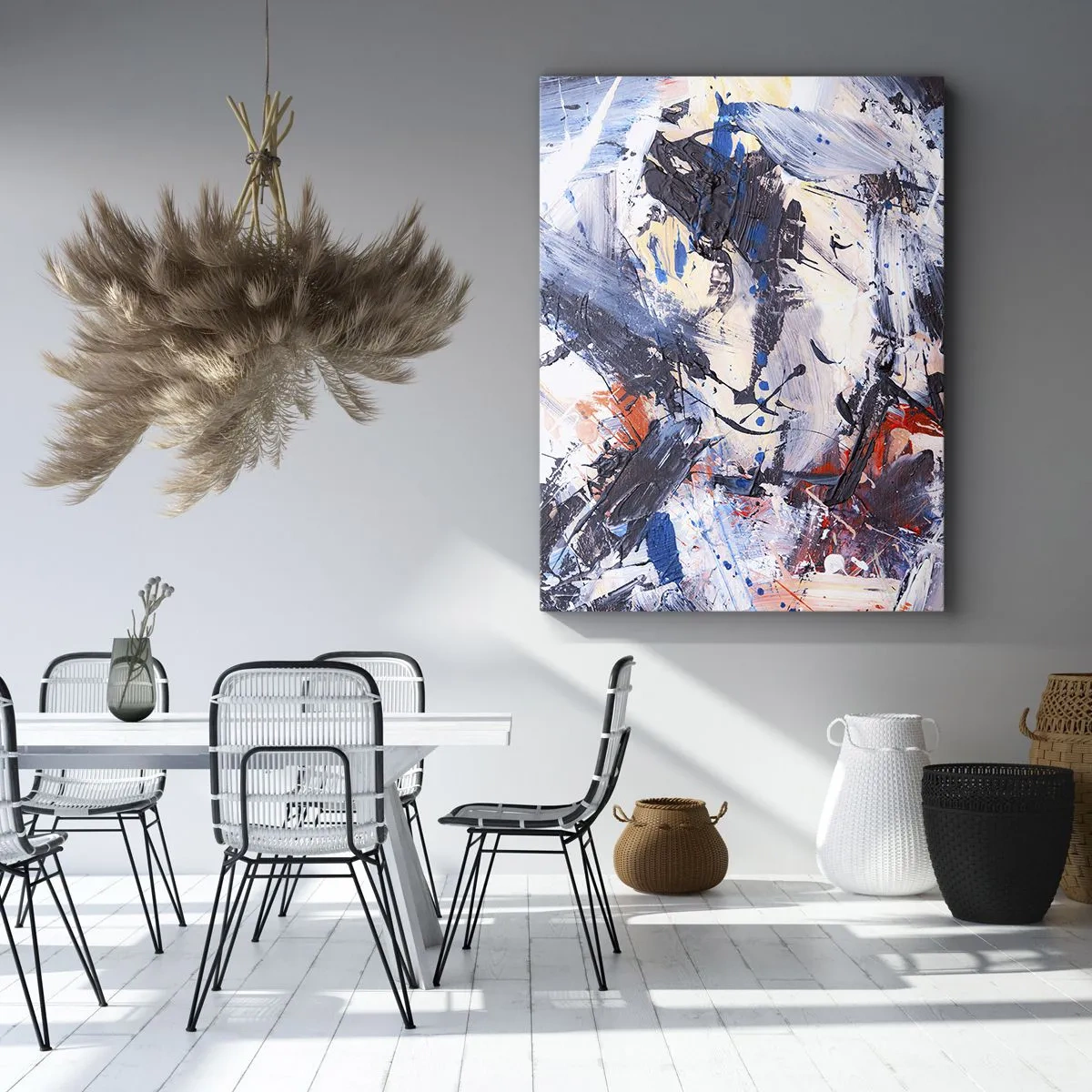 Bild auf Leinwand - Leinwandbild - Abstraktion mit dynamischen Pinselstrichen in Blau und Rot. - 50x70cm - Verrückter Tanz der Abstraktion - Moderne Wanddekoration für Wohnzimmer und Schlafzimmer ARTTOR