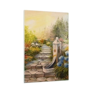 Glasbild - Bild auf glas - Ein malerischer Garten mit einem Brunnen und bunten Blumen - 70x100cm - In voller Blüte - Moderne Wanddekoration für Wohnzimmer und Schlafzimmer ARTTOR