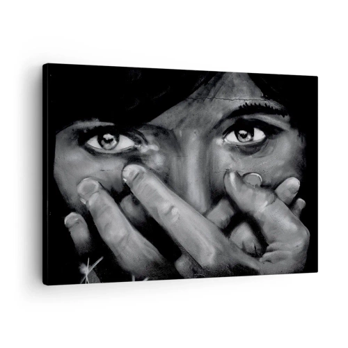 Bild auf Leinwand - Leinwandbild - Schwarz-Weiß-Porträt einer Frau, die ihr Gesicht mit den Händen bedeckt. - 70x50cm - Ich werde nicht sagen, wer es gemalt hat - Moderne Wanddekoration für Wohnzimmer und Schlafzimmer ARTTOR