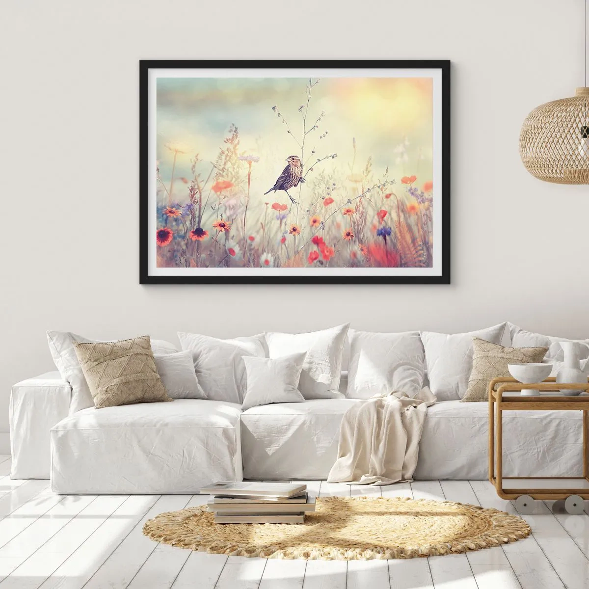 Poster in einem schwarzem Rahmen - Vogelporträt mit einer Wiese im Hintergrund - 40x30 cm