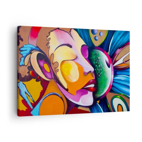 Bild auf Leinwand - Leinwandbild - Eine farbenfrohe Abstraktion mit einem Gesichtsmotiv in einer dynamischen Komposition - 70x50cm - Mit Farbe berühren - Moderne Wanddekoration für Wohnzimmer und Schlafzimmer ARTTOR
