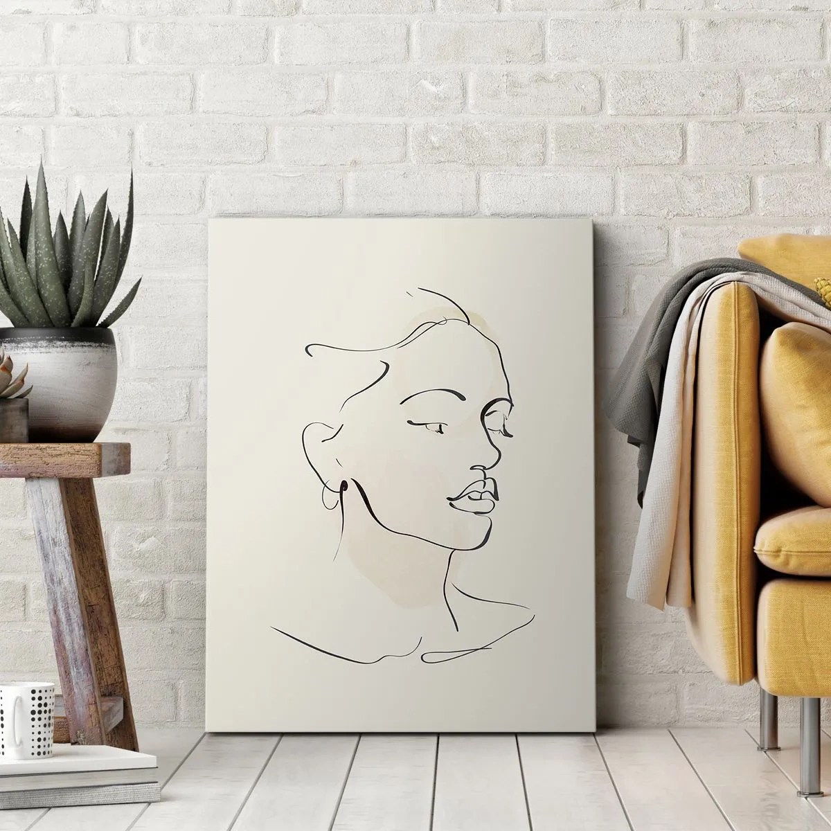 Bild auf Leinwand - Leinwandbild - Eine zarte Skizze eines Frauengesichts auf hellem Hintergrund - 50x70cm - Eine bestimmte Linie - Moderne Wanddekoration für Wohnzimmer und Schlafzimmer ARTTOR