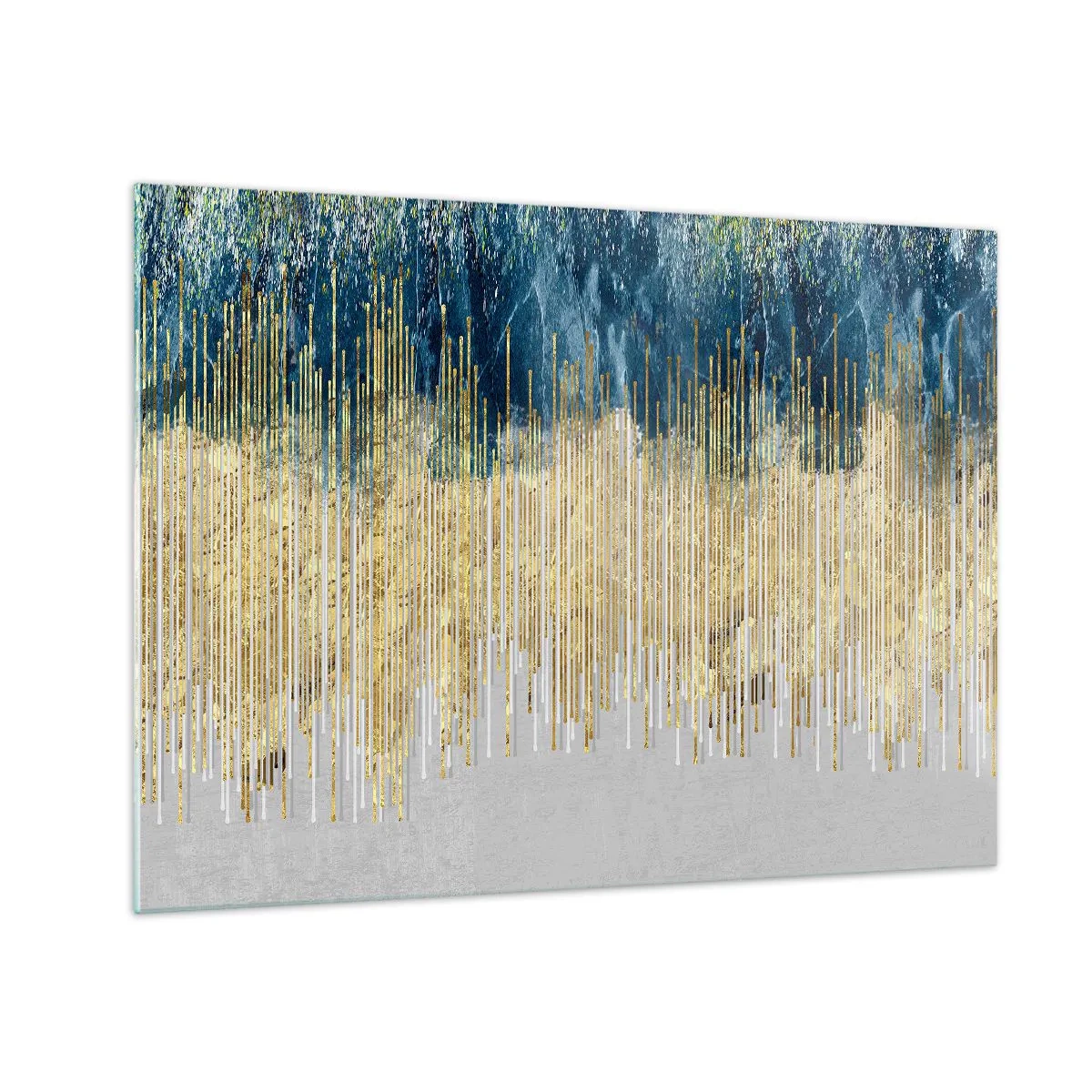 Glasbild - Bild auf glas - Goldene vertikale Linien vor einem dunkelblauen Waldhintergrund - 70x50cm - Vergoldete Grenze - Moderne Wanddekoration für Wohnzimmer und Schlafzimmer ARTTOR