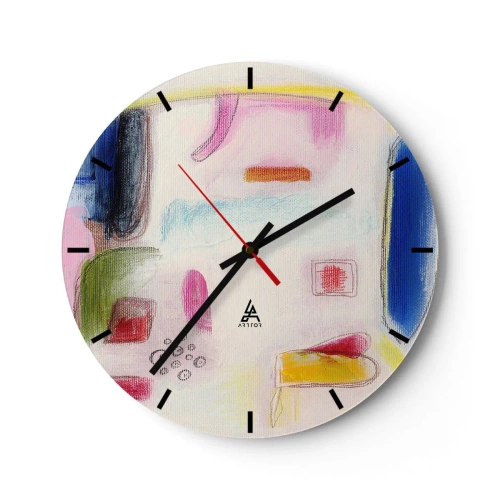 Wanduhr - Glasuhr - Bunte abstrakte Flecken auf hellem Hintergrund im malerischen Stil - 30x30cm - Eher konvex als konkav oder flach - Moderne Wanddekoration für Wohnzimmer, Küche und Schlafzimmer ARTTOR