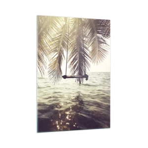 Glasbild - Bild auf glas - Ein Strand mit Palmen und einer Schaukel über einem ruhigen Meer - 50x70cm - Sie können nach Belieben in den Wolken schwingen - Moderne Wanddekoration für Wohnzimmer und Schlafzimmer ARTTOR