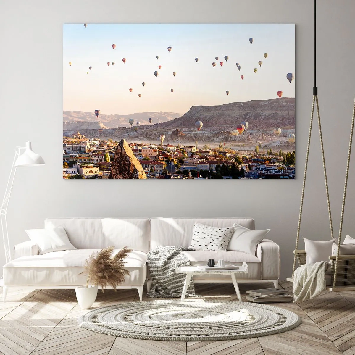 Glasbild - Bild auf glas - Ballonfahrt über Kappadokien im Morgenlicht - 100x70cm - Wie Schiffe am Himmel - Moderne Wanddekoration für Wohnzimmer und Schlafzimmer ARTTOR